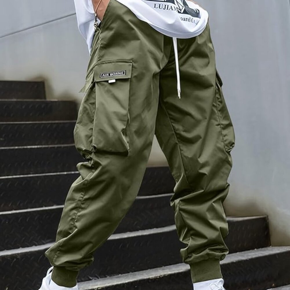 Men's Casual Drawstring Elastic Waist Flap Pocket Street Jogger Cargo Pants